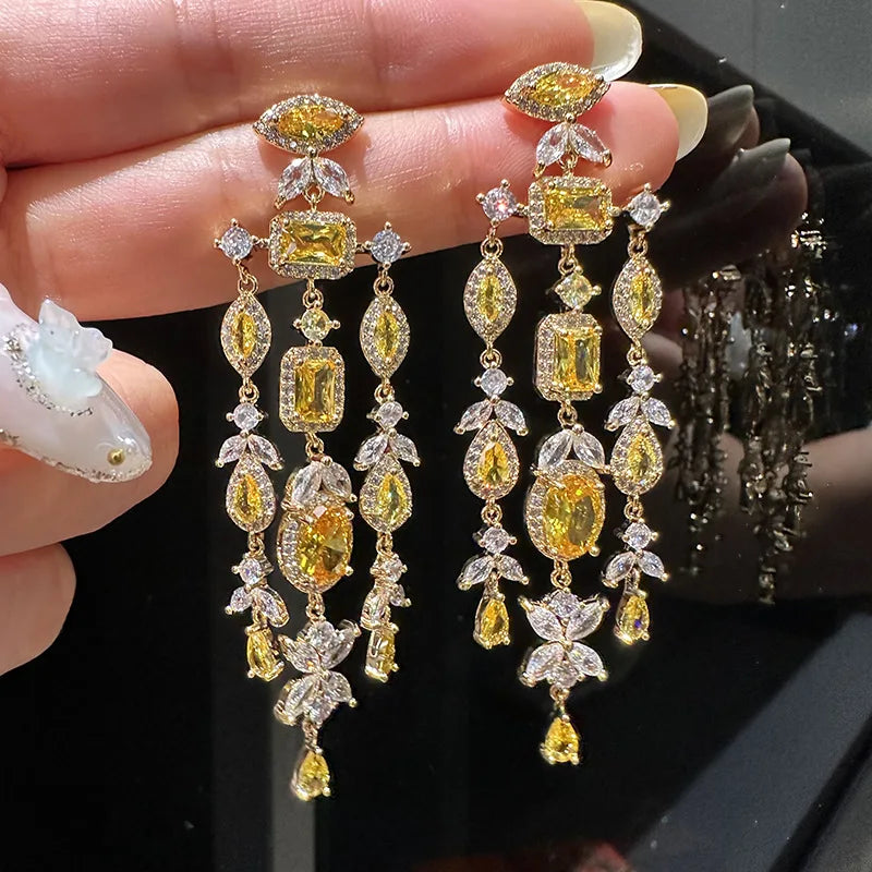 Yellow Green AAA Zircon Bridal Earrings CZ Cubic - front view