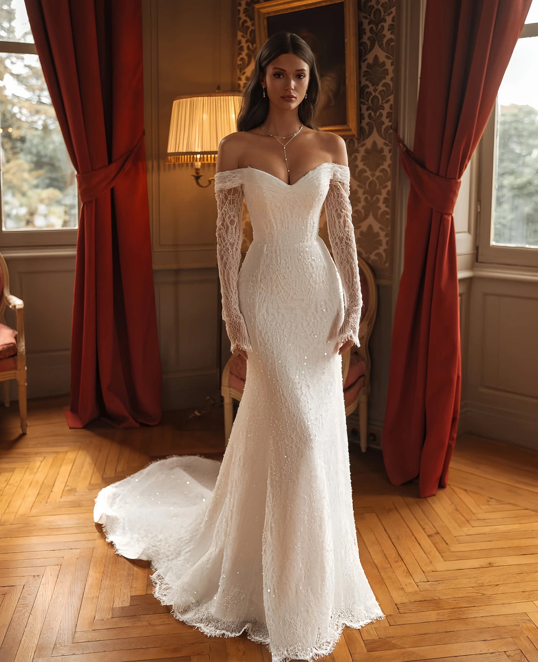 Sweet collar long sleeve mermaid wedding dress sexy bridal gown floor length