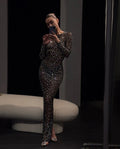 Long sleeve see-through glitter mesh slim sexy bodycon maxi night club cover-up dress women ivory