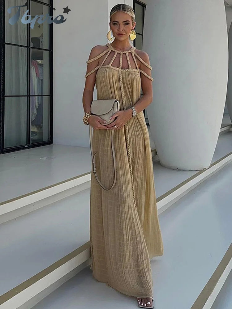 Solid Long Dresses For Women Loose Backless Chic Maxi Vestidos Fashion Beach Vacation Party Robe Summer