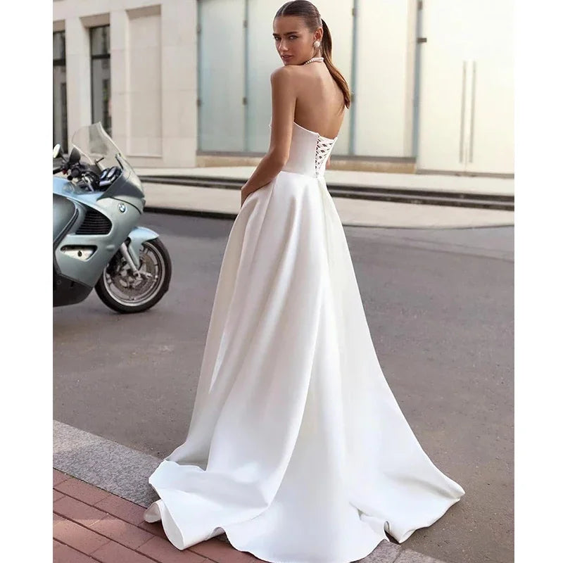 Satin Wedding Dresses for Strapless Prom Dresses Long Ruched Ball Gown with Slit Bride Gown Vestidos De Novia Customized