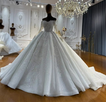 Off-shoulder long sleeve wedding dress – front view – Snowy Bridal