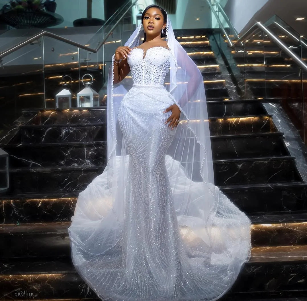 Aso Ebi mermaid wedding dress illusion beaded lace pearls crystals bridal gown bride