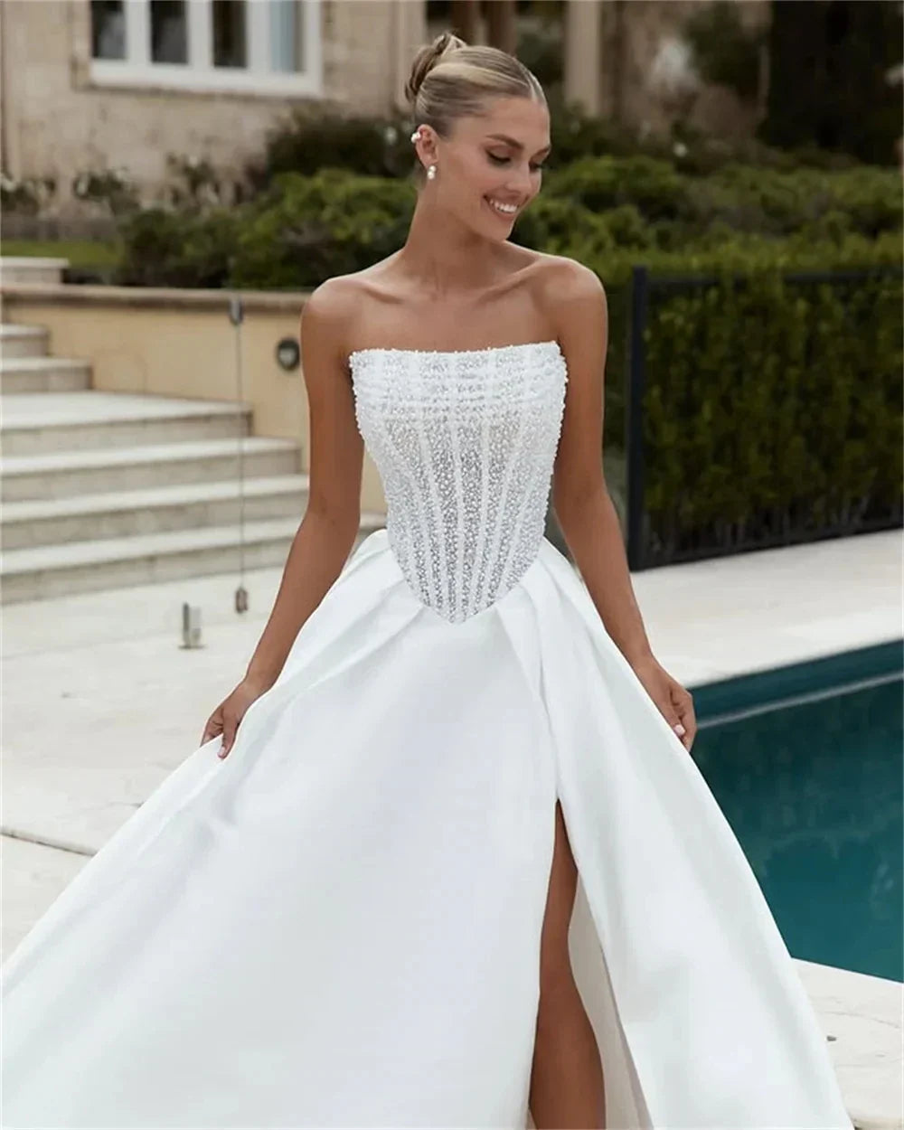 Shiny Beaded Sequined Wedding Dresses 2026 Detachable Long Sleeves Strapless Side Slit A Line Bride Dress Bridal Gowns Vestidos