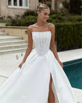 Detachable long sleeves strapless beaded sequined 2026 A-line side slit wedding dress side view