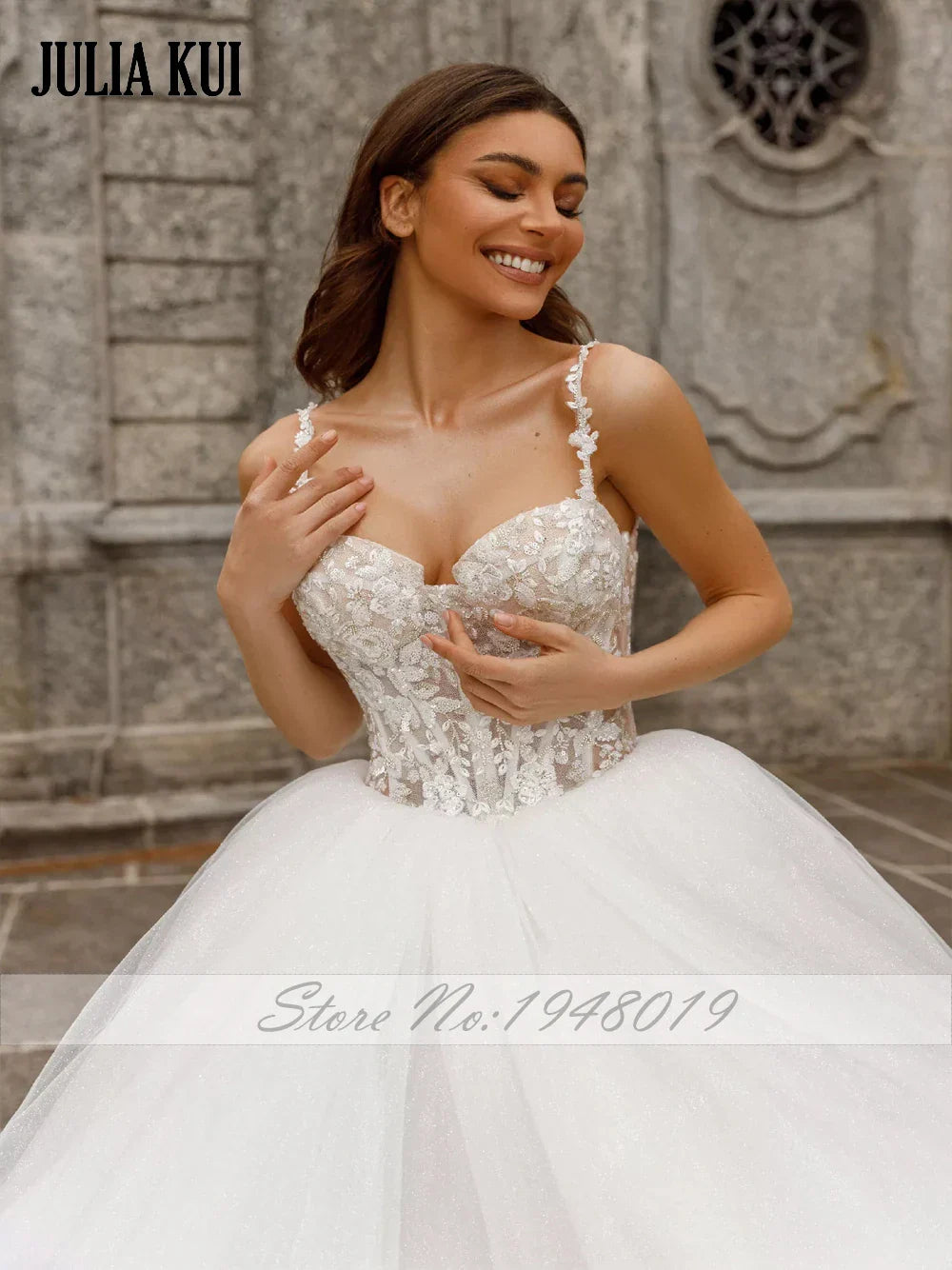 Julia Kui NEW ARRIVAL Sweetheart Neck A Line Wedding Dresses Sparkle Skirt With Spaghetti Strap