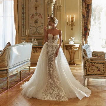 Customized Detachable Train Mermaid Wedding Dress Sexy Sweetheart Bride Robe Lace Appliqu Glitter Pearls Vestido De Novia