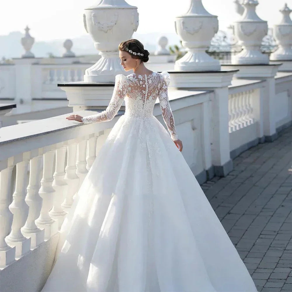 Fluffy princess long sleeve lace sexy elegant beach bridesmaid applique evening gown back view