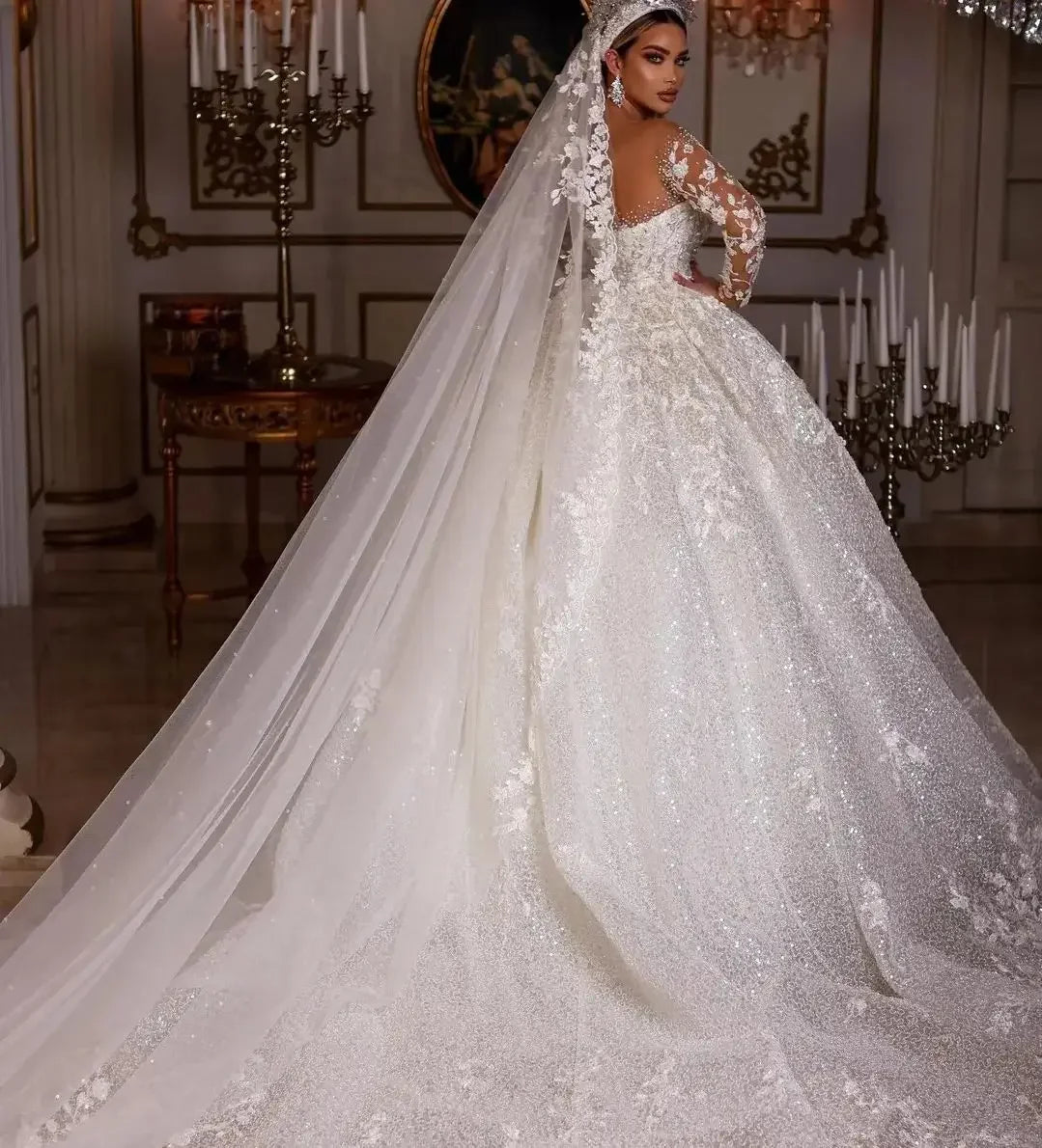 Vintage beaded tulle long sleeve wedding dress – front view – Snowy Bridal