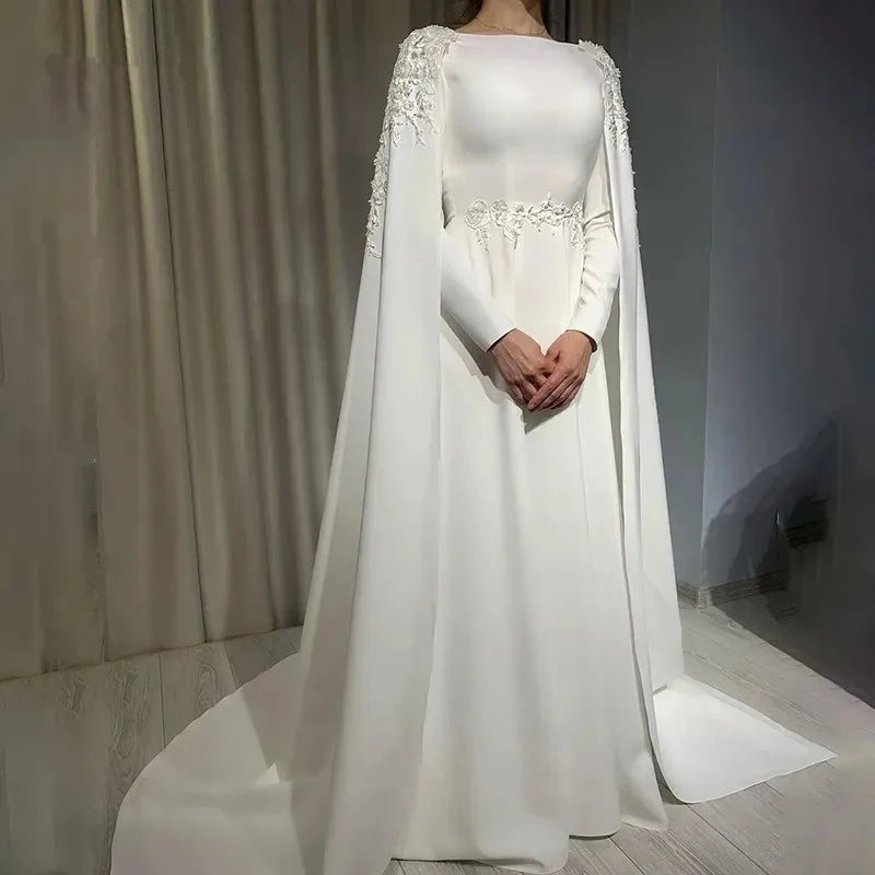 customized Elegant Arabic Soft Satin Muslim Wedding Dress Cape Long Sleeves A Line O Neck Bride Dress Appliques robe de mariee