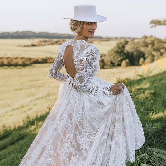 Allover Lace Round Neck Long Sleeves Wedding Dress Customized See Through Top Backless Self Tie Ribbon Drop Ship Bride Gowns