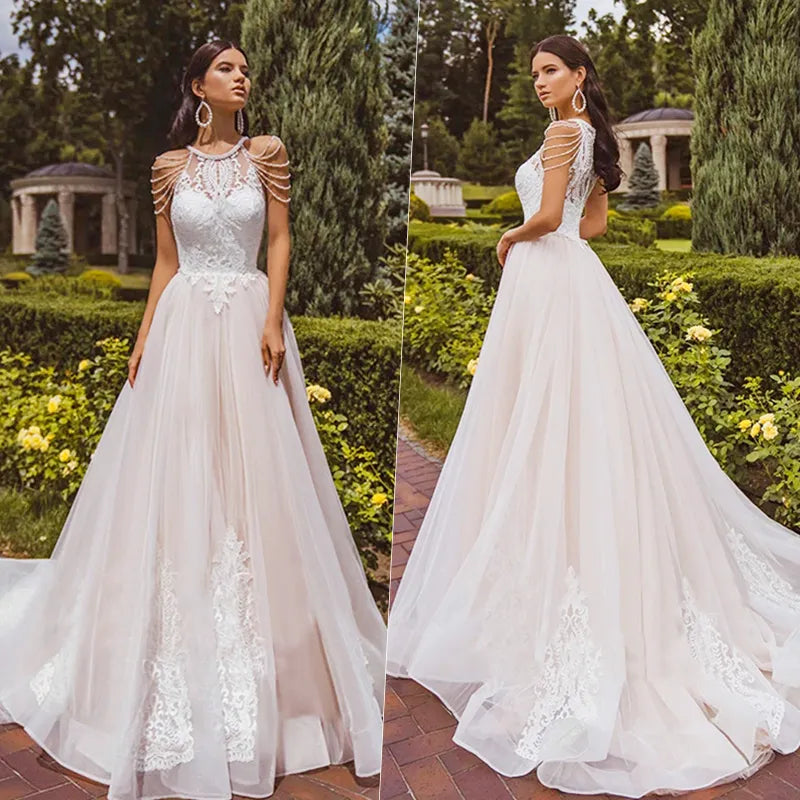 A-line halter wedding dress beads lace appliques tulle pleats sweetheart train bridal gown