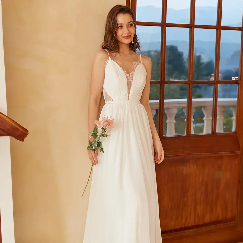 A-line V-Neck Wedding Dresses For Woman Spaghetti Straps Open Back Sleeveless Exquisite Bridal Gowns Vestidos De Novia