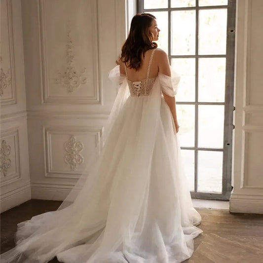 Plus Size A Line Wedding Dresses Spaghetti Strap Sweetheart Bridal Dress Cape Strap Tulle Garden Robe de mariage for Bride