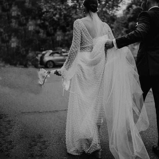 Long Bishop Sleeves Pearls Romance A Line Wedding Dress Customized Deep V Neck Open Back Illusion Rustic Cutout Bridal Gown