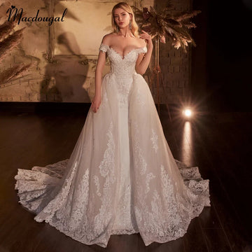 Romantic boho off-shoulder beads diamonds appliques detachable train wedding dress custom made