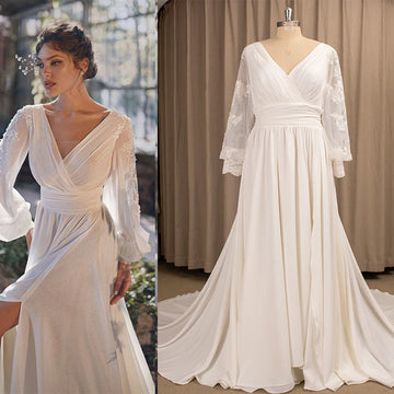 Customized Long Bubble Sleeves Wedding Dress Appliqued V Neck Backless Ruched Chiffon High Bridal Gown Plus Size Robe De Mariee