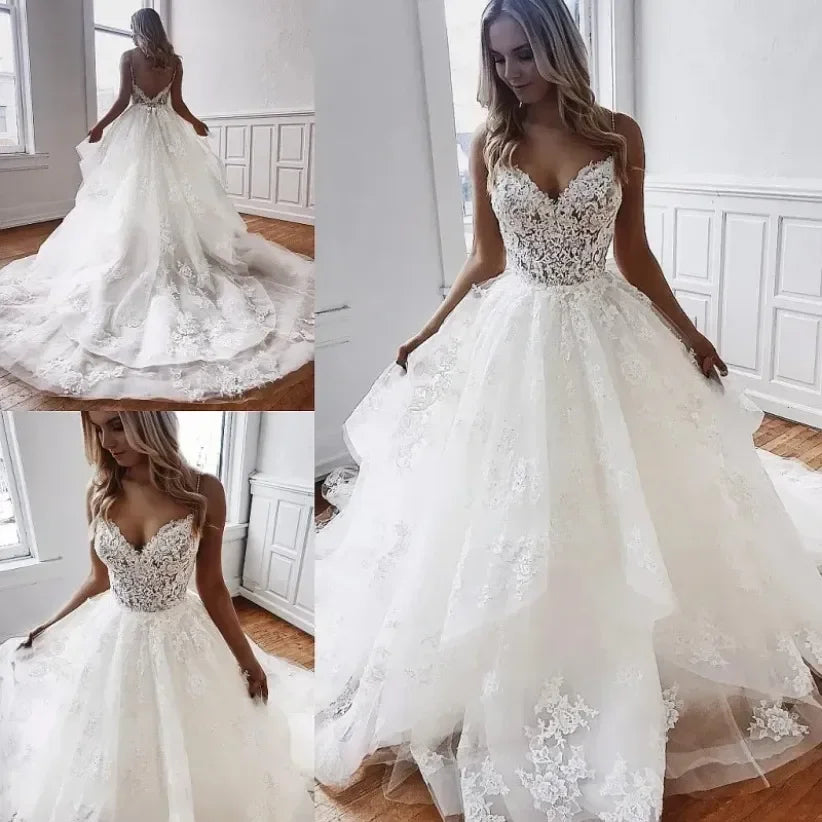 A Line Lace Backless Wedding Dresses V Neck Beaded Beach Bridal Gowns Sweep Train Tulle Appliqued Boho Vestidos De Noiva