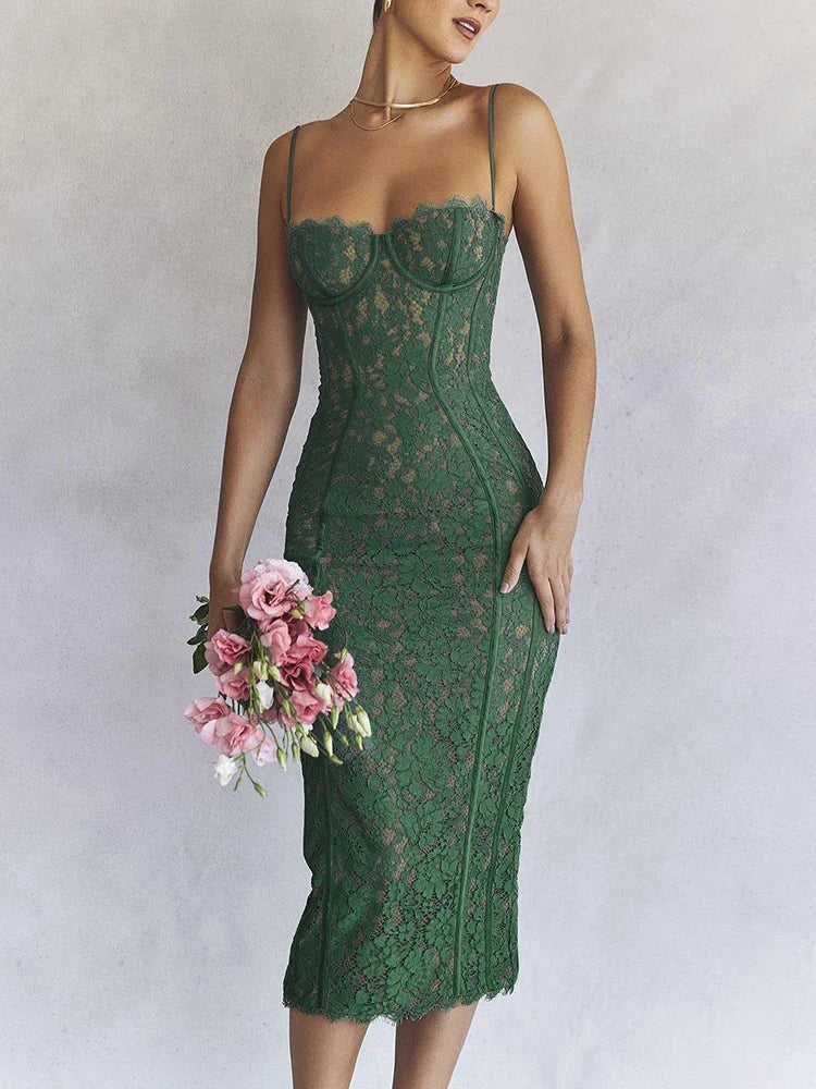 Midi lace green dress sexy elegant wedding guest evening party spaghetti strap birthday