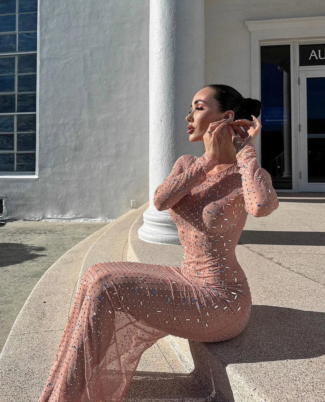 Slim sexy see-through glitter mesh long sleeve bodycon maxi night club cover-up dress close-up
