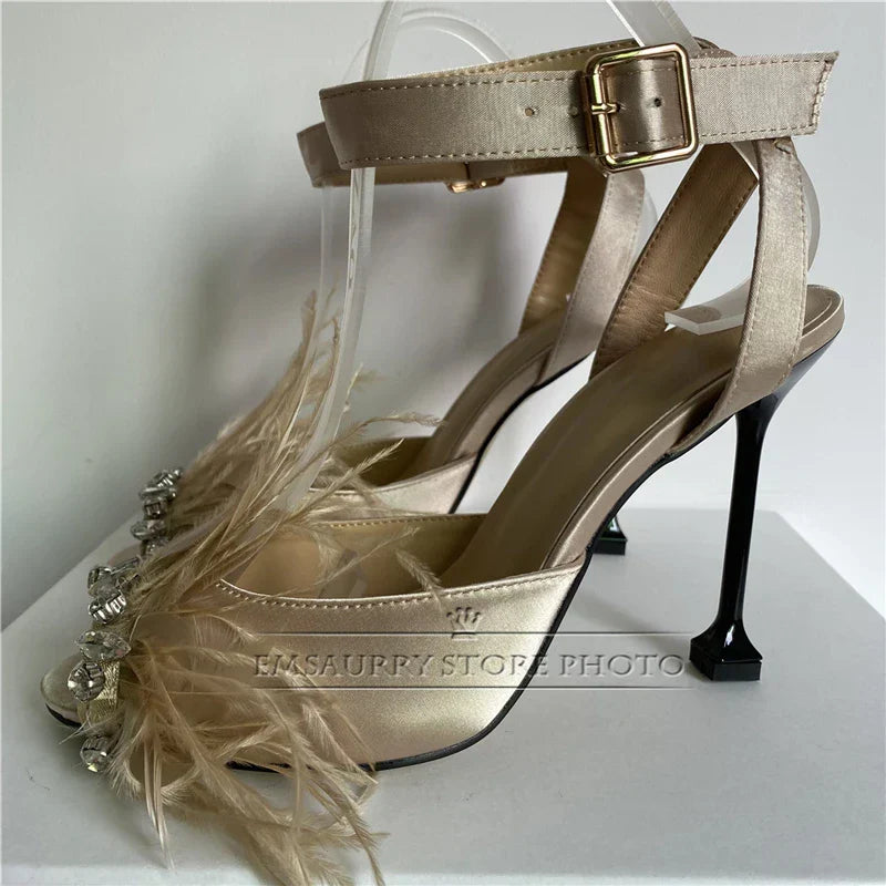 Satin luxury feather jeweled ankle strap goblet heel open toe high heel summer sandals back view