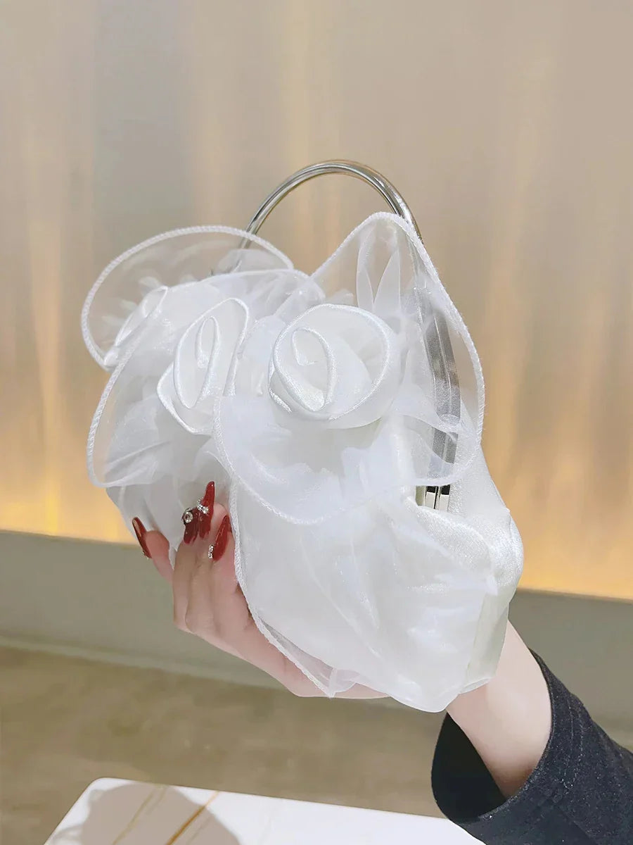 Flower Petal Clutch Bridal Handbag Evening Bag Satin Rose Elegant Purse For Bridesmaid Wedding Party Formal White Handle Bag