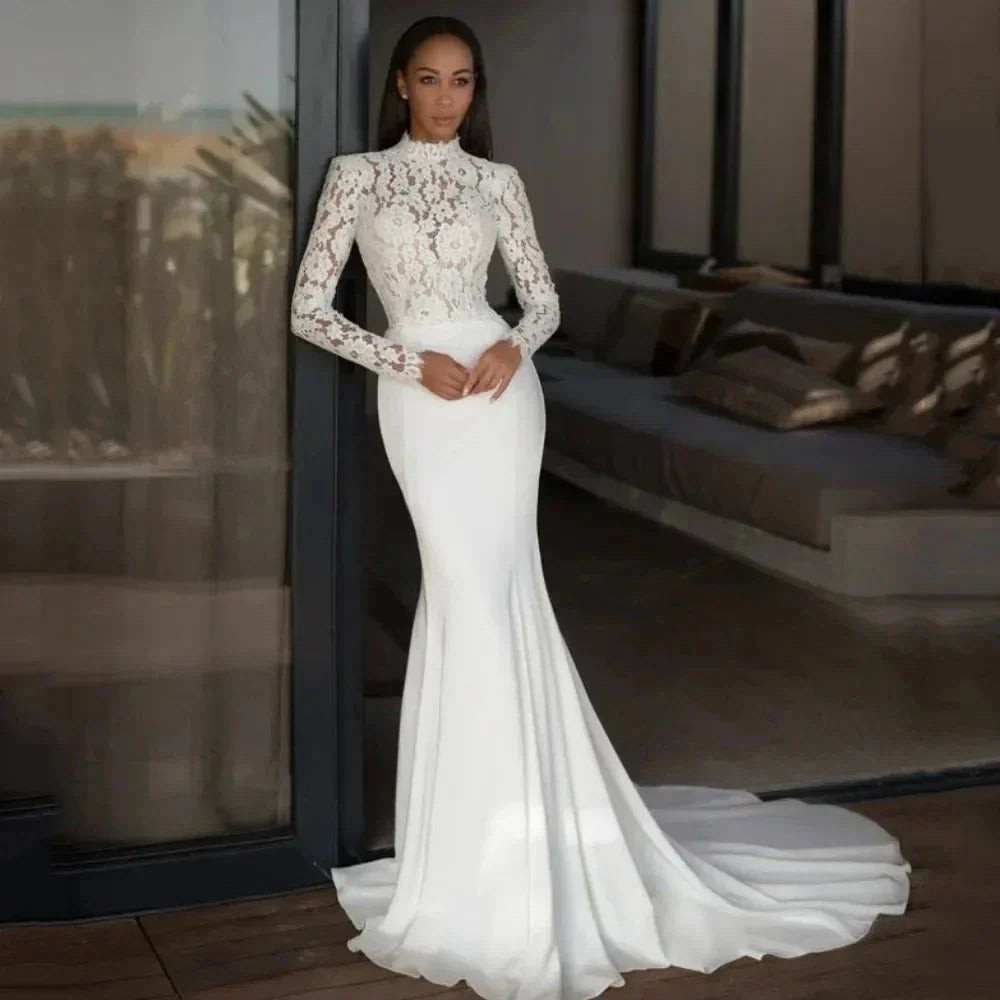 New arrival mermaid wedding dress high neck long sleeves lace satin bridal gown