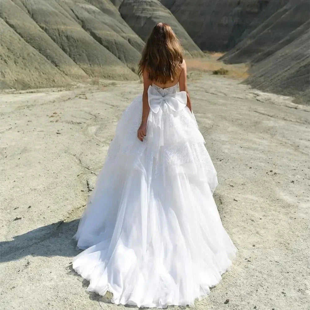 Gorgeous Wedding Dresses A-Line Sweetheart Bridal Robes Bow Tiered Ball Gowns For Formal Party Tulle Vestidos De Novia