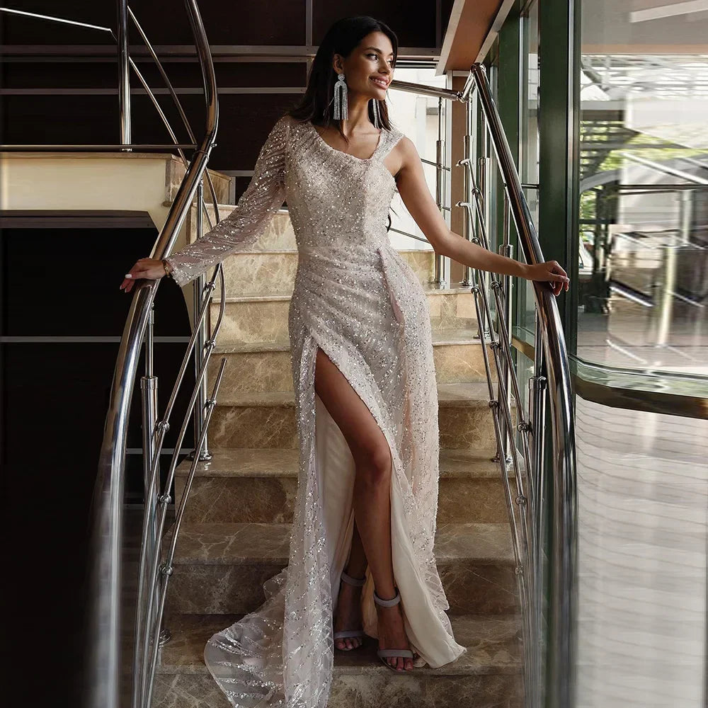 Sharon Said Luxury Champagne Mermaid Arabic Evening Dress for Women Wedding Guest Plus Size Overskirt Formal Party Gowns SS128