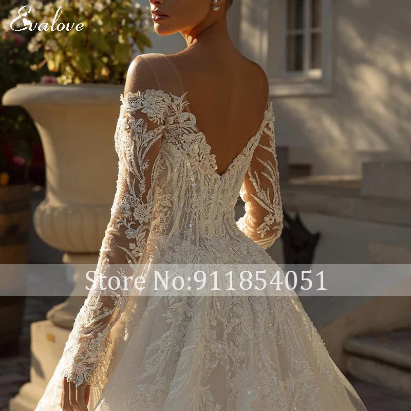 Vestido De Noiva Luxury Beading Appliques A-Line Wedding Dress Classic Scoop Neck Zipper Long Sleeve Princess Bridal Gown