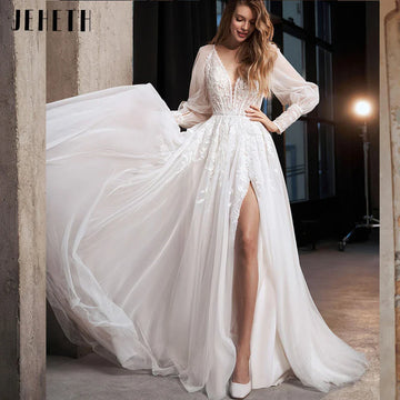 Long Puff Sleeve Tulle Wedding Dress Side Slit A-Line Floor Length Lace Beach Backless Custom Made Ivory Bridal Gowns
