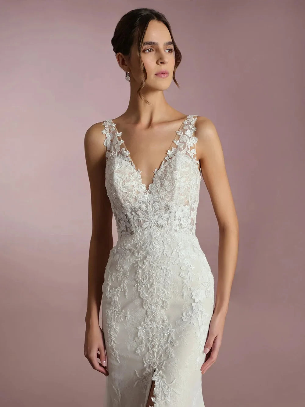 Sexy Wedding Dresses V Neck Lace Appliques Illusion Mermaid Bridal Gown Sleeveless Sweep Train Brides Dresses Customized