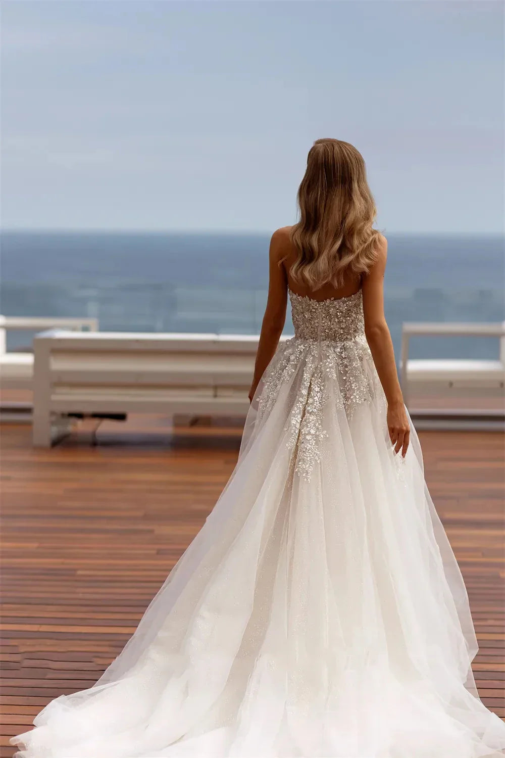 Exquisite A-line fluffy princess elegant off-shoulder lace custom made sleeveless bridal gown back view