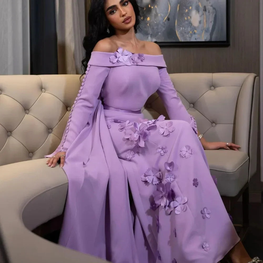 Elegant Evening Dress For Sexy Women 2024 فساتين السهرة Luxury Appliques Boat Neck A-Line Purple Cocktail Party Prom Gown picture color