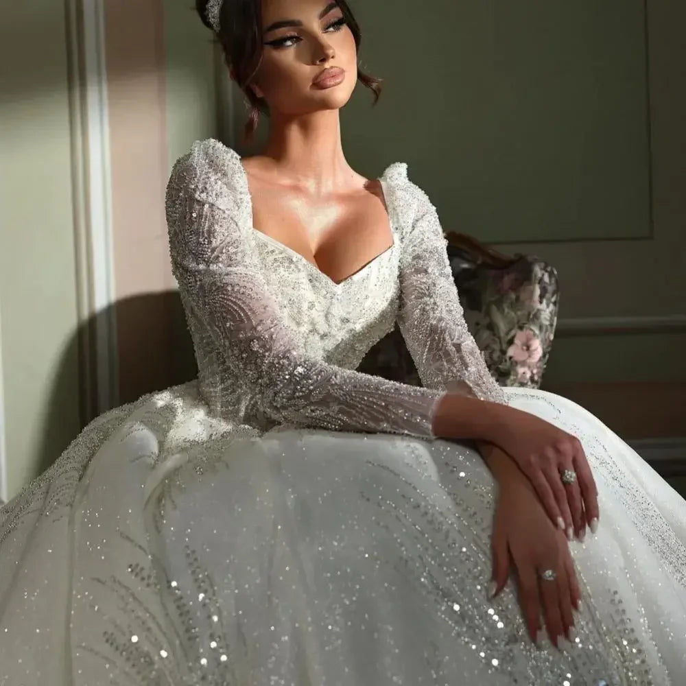 Customized Beaded Long Wedding Dresses Modest Long Sleeve Bridal Gown Charming Princess Dresses For Bride Vestidos De Noiva
