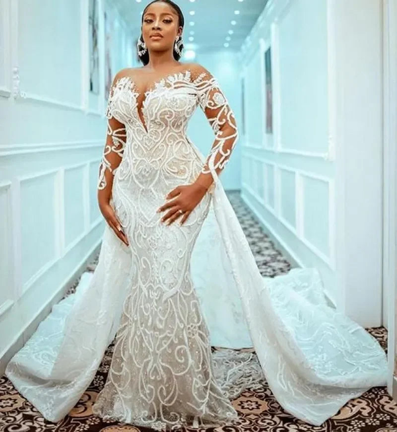 Plus size mermaid wedding dress detachable train beaded illusion lace appliqued Arabic Dubai bridal gown