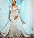 Arabic Dubai plus size beaded illusion lace mermaid detachable train appliqued wedding dress bridal gown ivory