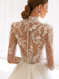 High collar long sleeve sparkly sequins beads modest elegant bridal gown side view