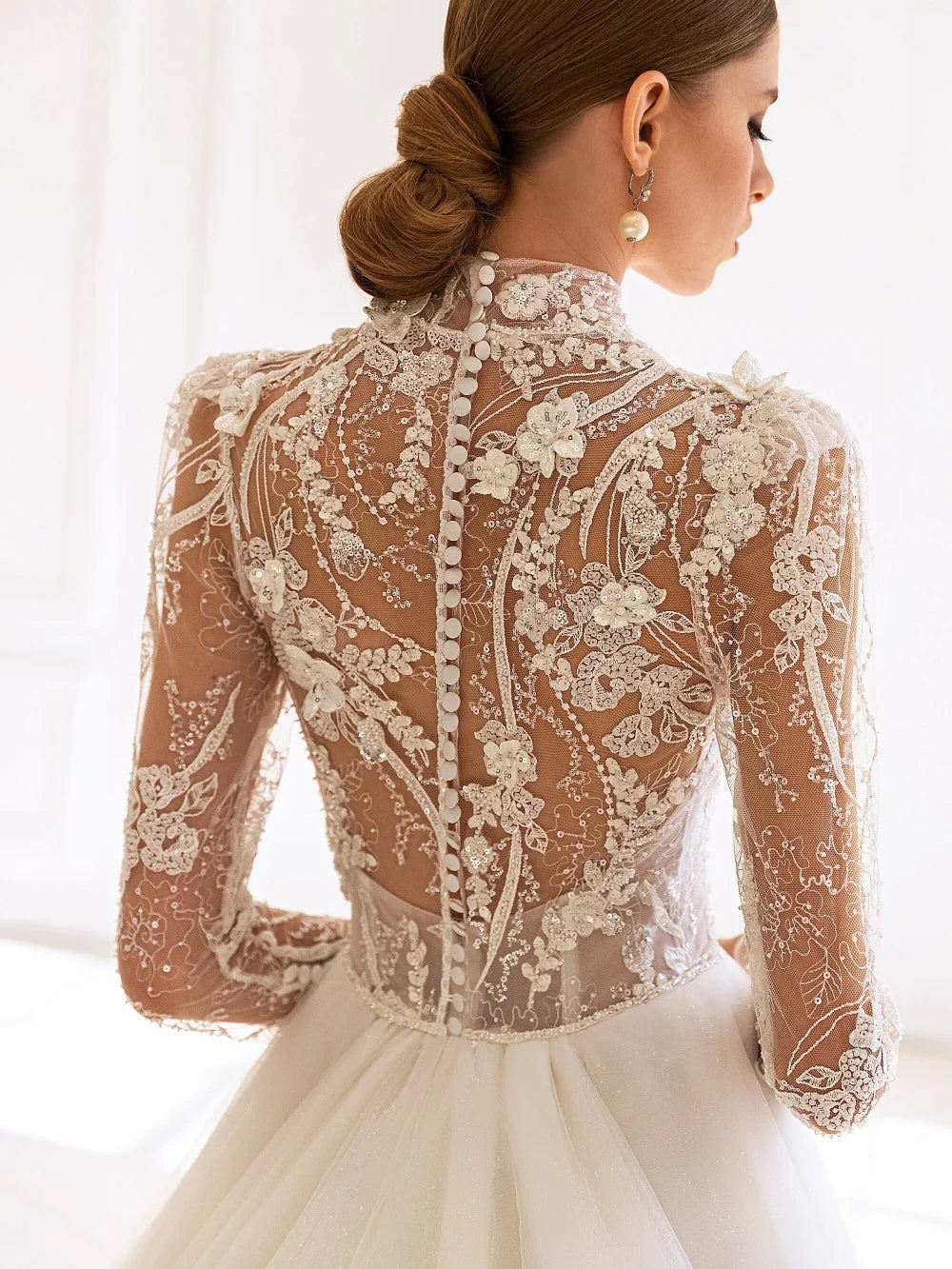 High collar long sleeve sparkly sequins beads modest elegant bridal gown side view