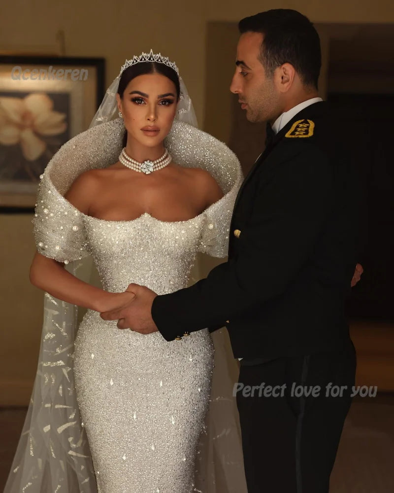 Luxurious Mermaid Wedding Dress Pearls Sequins Custom Made Off The Shoulder Bridal Gowns Vestido De Novia For Women