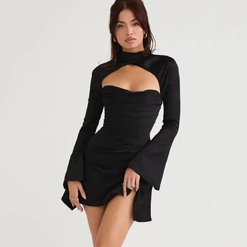 Customized Sexy Black Mini Party Dress Long Sleeve High Neck Backless Club Night Evening Gown for Women After Prom