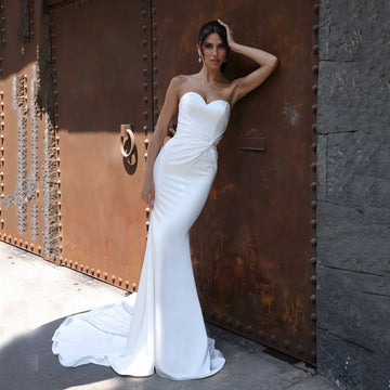 Modern Brides Wedding Dresses Strapless Long Sleeve Satin Mermaid Bridal Dress Buttons Evening Brides Dress Customized