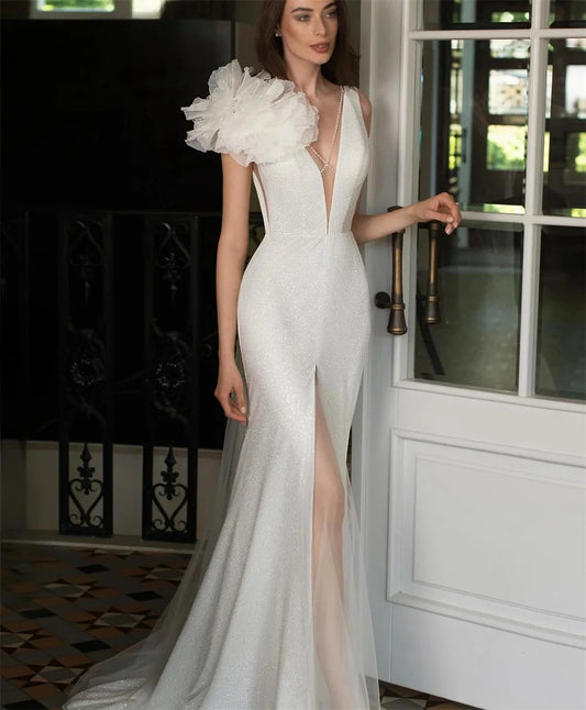 Simple V-neck Mermaid Wedding Dresses Party Beading Flower Net/Tulle