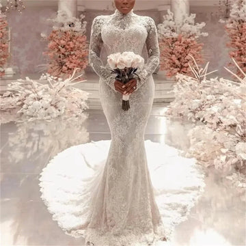 Customized Full Sleeve Wedding Dress Mermaid  Bridal Gown High Neck Muslim Bridal Gown Lace Robe De Mariage Vestido De Novia