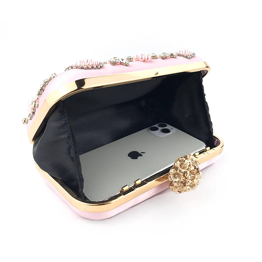 Satin Vintage Women Evening Bags Metal Flower Luxury Diamonds Clutch Black Color Rhinestones Chain Shoulder Handbags Night Bag