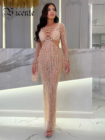 VC Luxury Dress For Women Celebrity Party Wear Elegant Square Collar Long Sleeves Sequins Pearl Design Gown