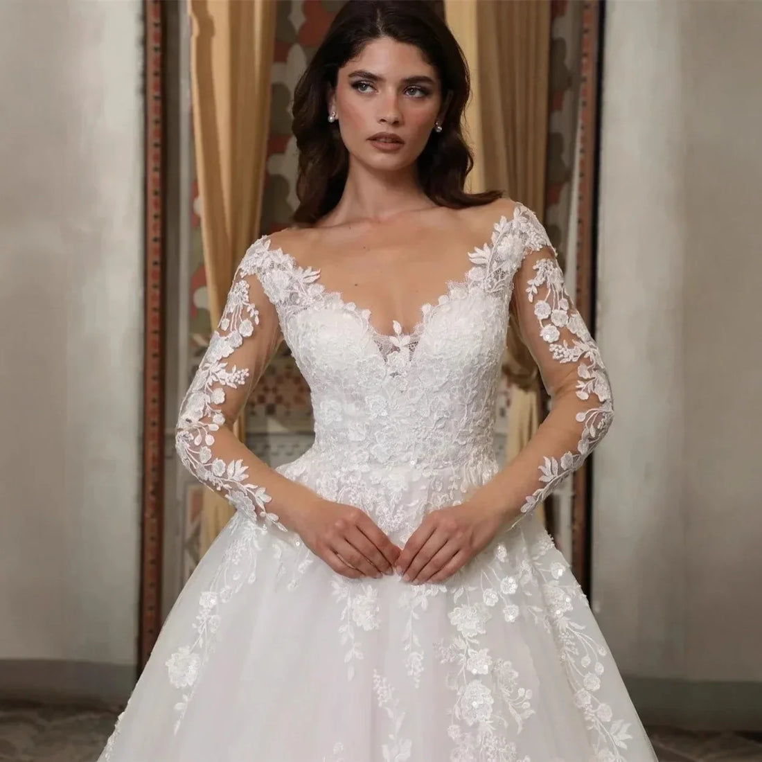Church wedding dress sheer neck 3D flowers lace long illusion sleeves vintage bridal gown