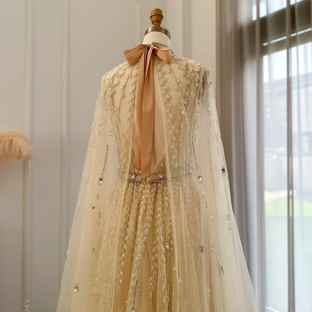 Luxury Evening Dress with Cape Sleeve Elegant Long Arabic Formal Dresses for Women Wedding Party SS495
