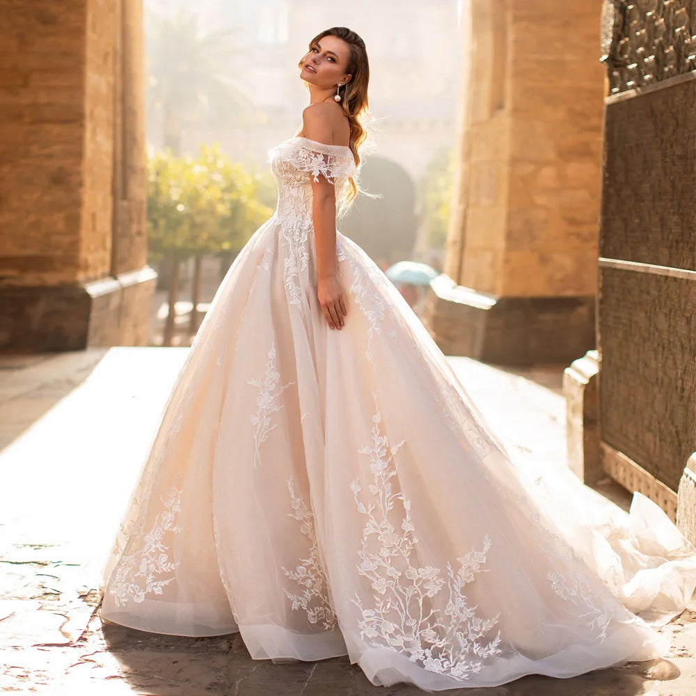 Vintage ball gown wedding dress 2026 off-the-shoulder 3D flowers lace applique tulle bridal gown