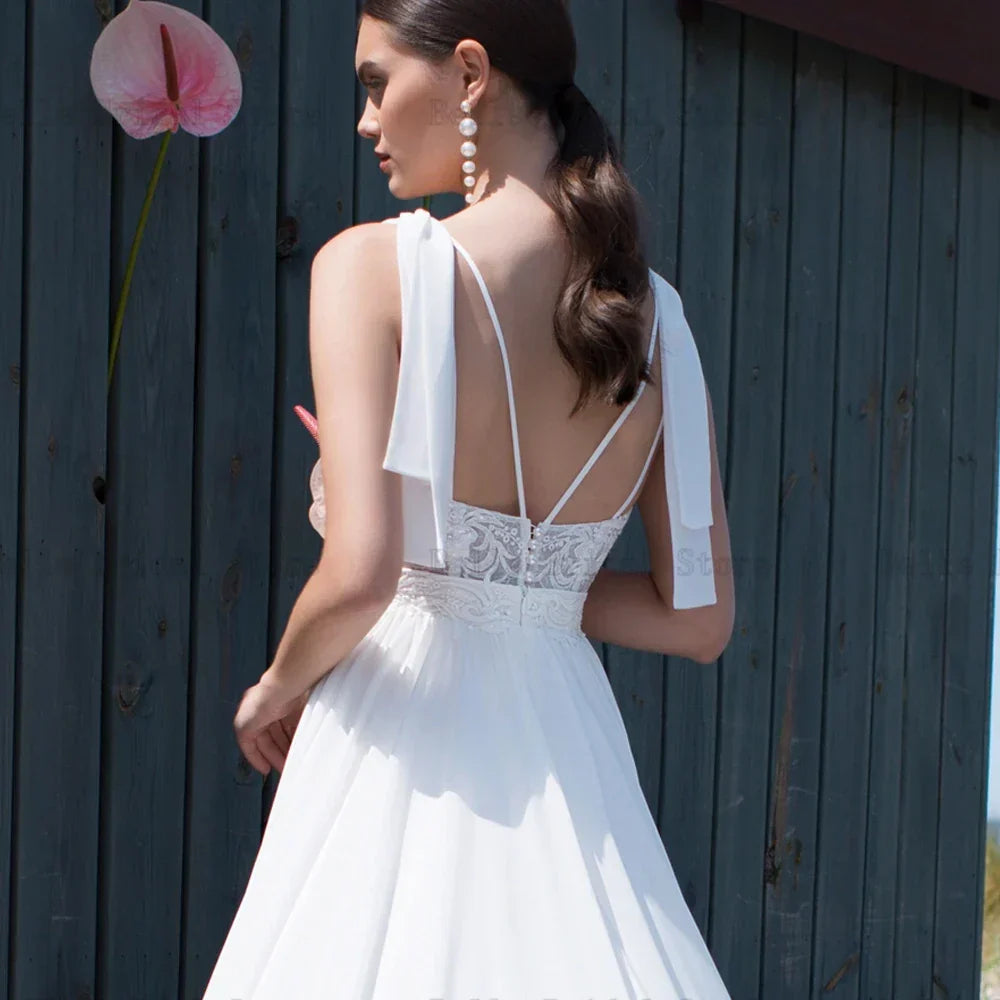 Elegant White Chiffon Wedding Dresses V Neck Sleeveless Bridal Gowns Lace Bow Backless Sweep Train A-Lin Vestidos De Novia